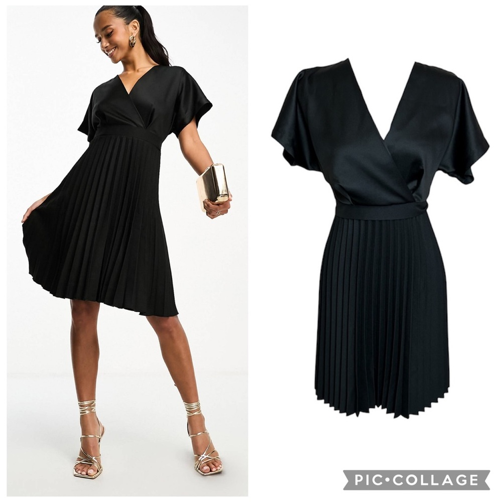 NWT Closet London Black Pleated Faux Wrap Top Mini Kimono Sleeve Dress Size 4